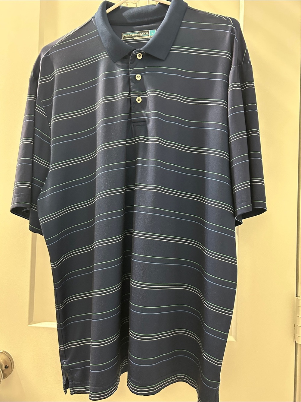 Roundtree & Yorke Navy Polo with Light Blue & White Stripes